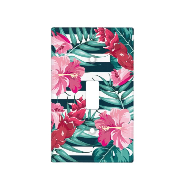 Pink Exotic Flowers striped Light Switch Cover (Front)