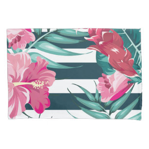 Pink Exotic Flowers striped Pillow Case