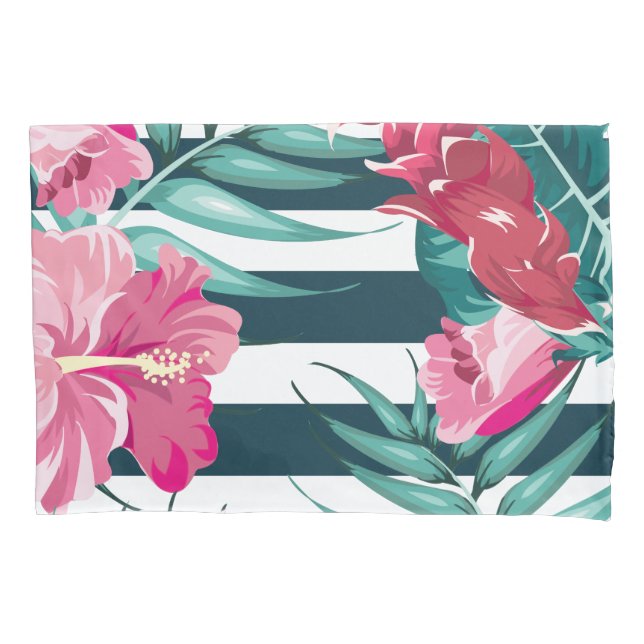 Pink Exotic Flowers striped Pillow Case (Front)
