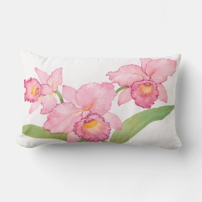 Pink Exotic Watercolor Flowers Lumbar Pillow (Front)
