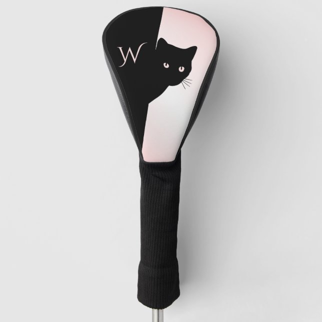 Pink Eyed Black Cat Initial Golf Head Cover (Front)