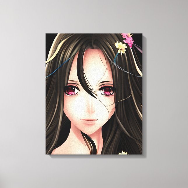 Pink Eyed Brunette Anime Girl Cartoon Canvas Print (Front)