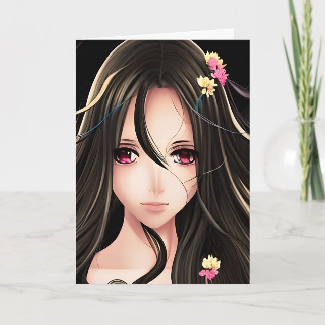 Pink Eyed Brunette Anime Girl Cartoon Card (Front)