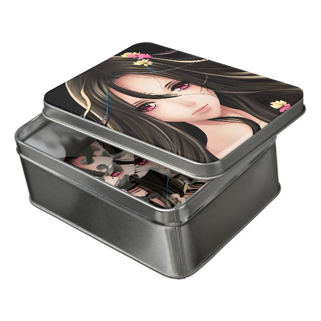 Pink Eyed Brunette Anime Girl Cartoon Jigsaw Puzzle (Lid Open)
