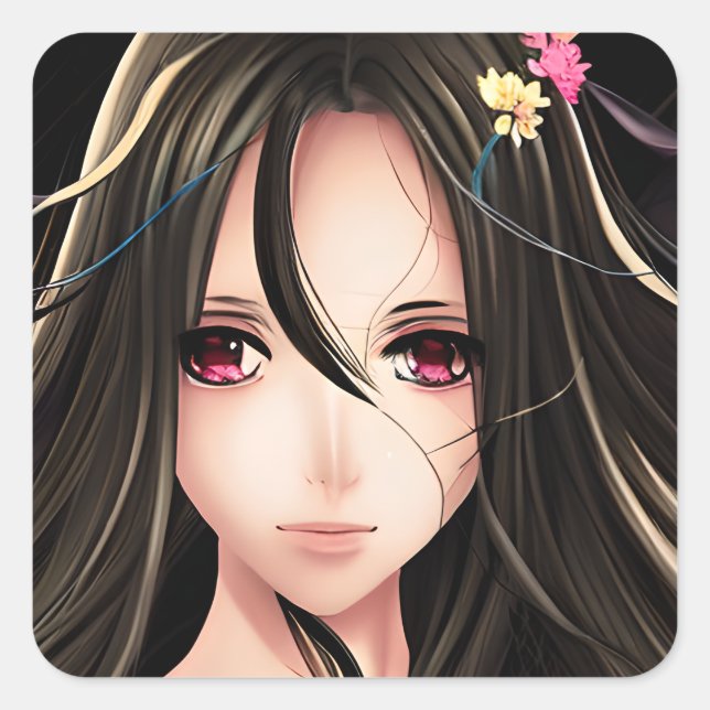 Pink Eyed Brunette Anime Girl Cartoon Square Sticker (Front)