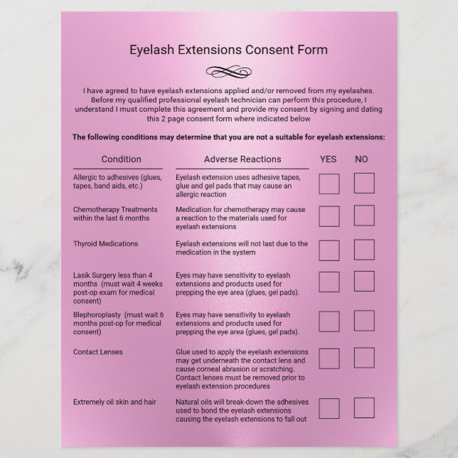 Pink Eyelash Extension Salon Liability Waiver Flyer (Front)