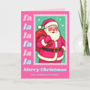 Pink Fa La La Santa Claus Christmas Postage Stamp Holiday Card