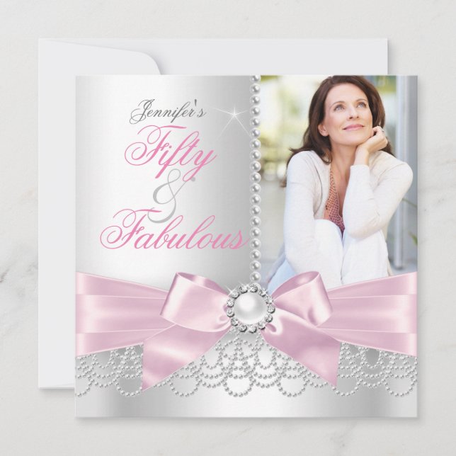 Pink Fabulous 50 Bow white Pearls Photo Birthday Invitation (Front)