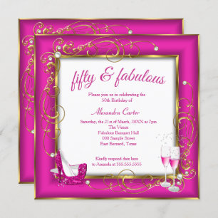 Pink Fabulous 50 Photo Gold Champagne heels Party Invitation