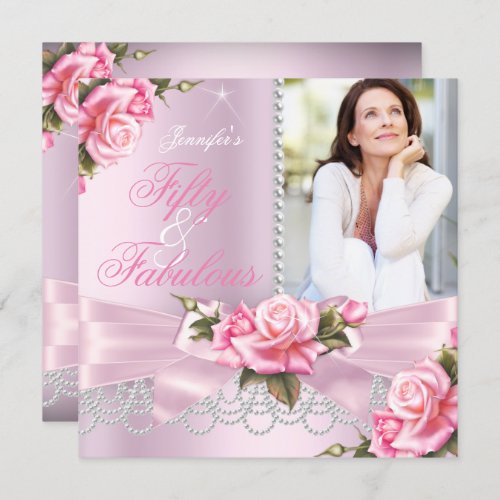 Pink Fabulous 50 Rose Bow Pearls Photo Birthday Invitation