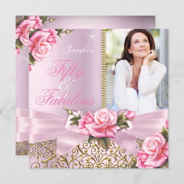 Pink Fabulous 50 Rose Bow Photo Birthday Party Invitation (Front/Back)