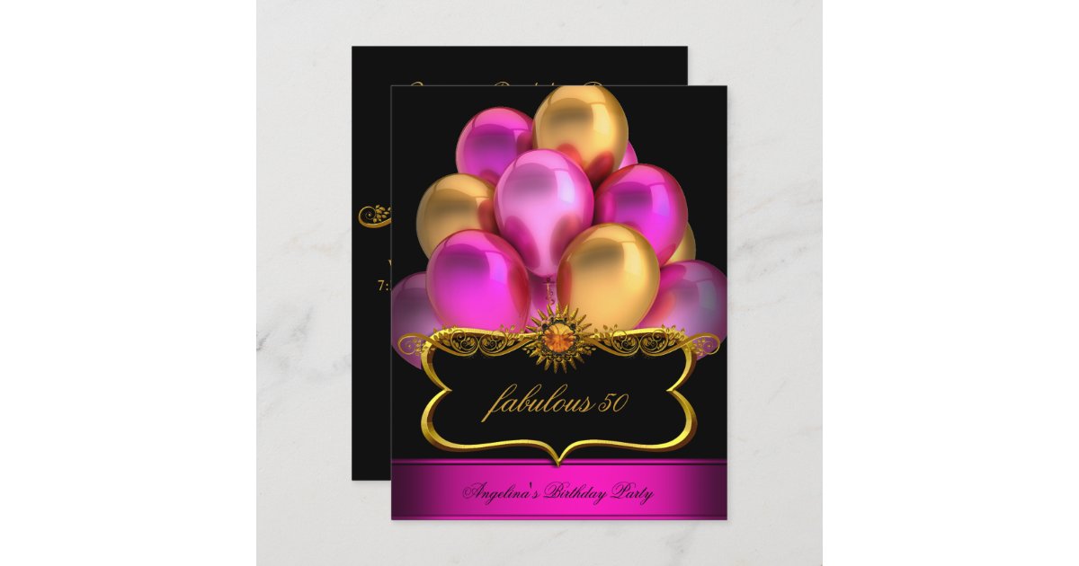 Pink Fabulous Black Gold Balloons Birthday Party Invitation | Zazzle