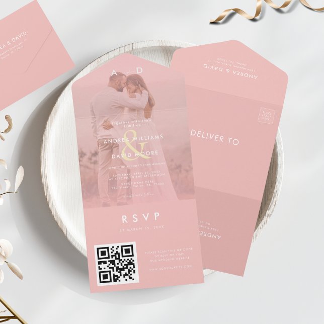Pink Faded Photo Gold Ampersand & QR Code Wedding All In One Invitation (Creator Uploaded)