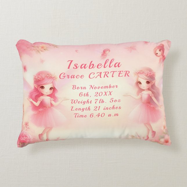 Pink Fairies Bloomy Garden Baby Birth Stats Accent Pillow (Front)