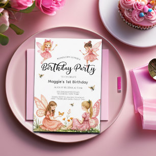 Pink Fairies Woodland 1st Birthday Party Invitation