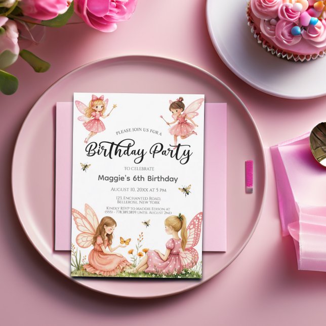 Pink Fairies Woodland 6th Birthday Party Invitation (Creator Uploaded)