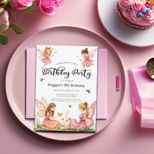 Pink Fairies Woodland 9th Birthday Party Invitation