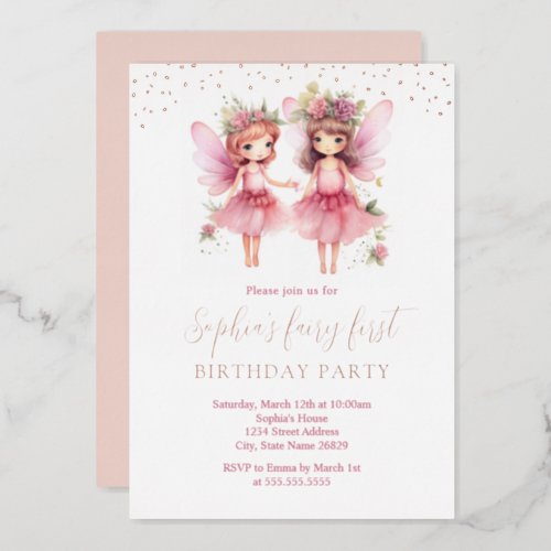 Pink Fairy 1st Birthday Party Invitation  Foil Invitation