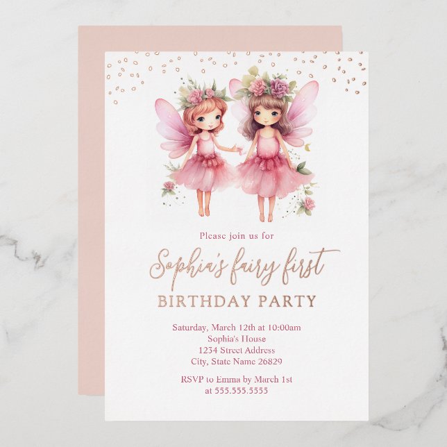 Pink Fairy 1st Birthday Party Invitation  Foil Invitation (Front/Back)