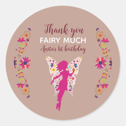 Pink Fairy 1st Birthday Thank You Classic Round St Classic Round Sticker