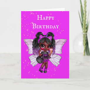 Pink fairy African American cute girl birthday Card