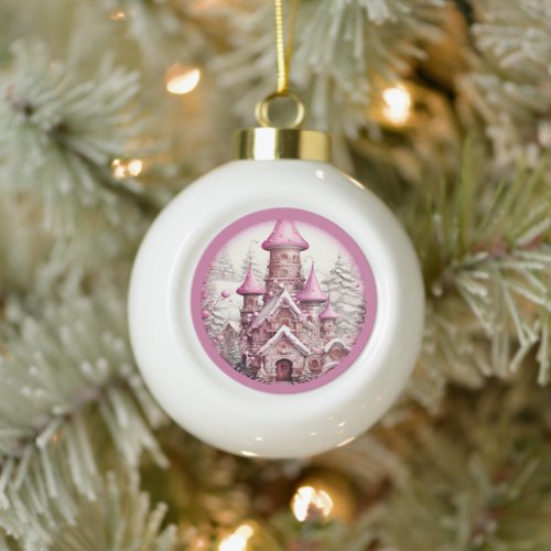 Pink Fairy and Elf House Winter Wonderland Ceramic Ball Christmas Ornament