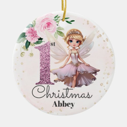 Pink Fairy Babys First Christmas Ceramic Ornament