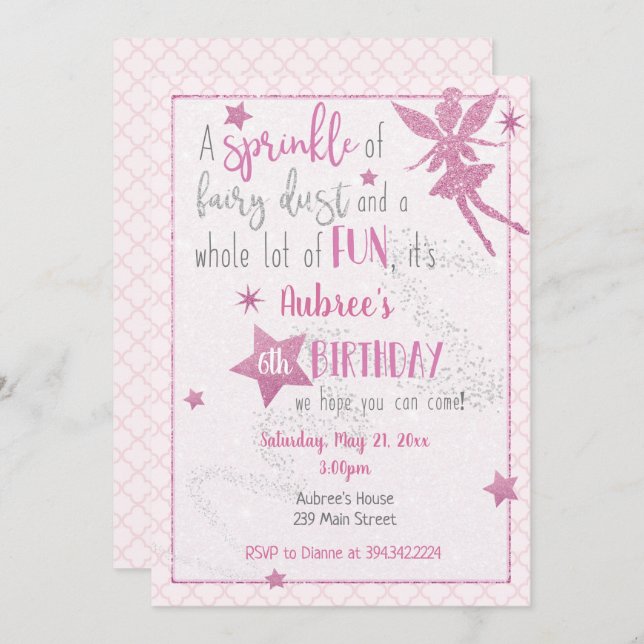Pink Fairy Birthday Invitation (Front/Back)