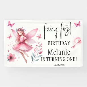 Pink Fairy Butterflies Magic Wand First Birthday Banner