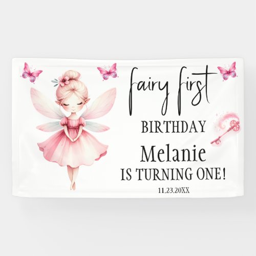 Pink Fairy Butterflies Magic Wand First Birthday  Banner