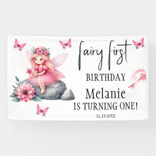 Pink Fairy Butterflies Magic Wand First Birthday Banner