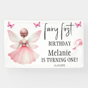 Pink Fairy Butterflies Magic Wand First Birthday Banner
