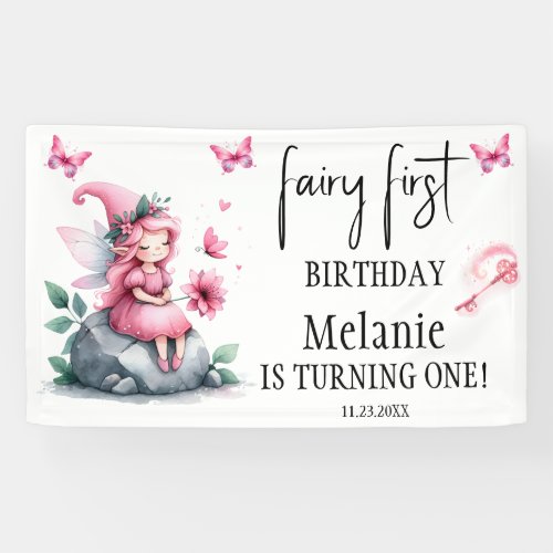 Pink Fairy Butterflies Magic Wand First Birthday  Banner