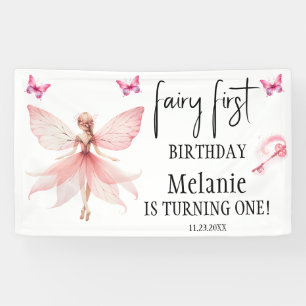 Pink Fairy Butterflies Magic Wand First Birthday Banner