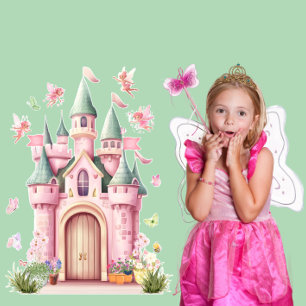 Pink Fairy Castle & Flying Fairies, Wall Decal