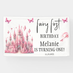 Pink Fairy Castle Pink Butterflies First Birthday Banner