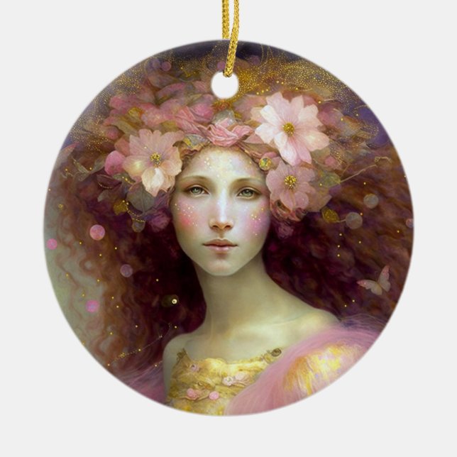 Pink Fairy Fantasy Art Ceramic Ornament (Front)