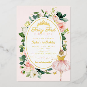 Pink Fairy First 1st Birthday Gold  Foil Invitation