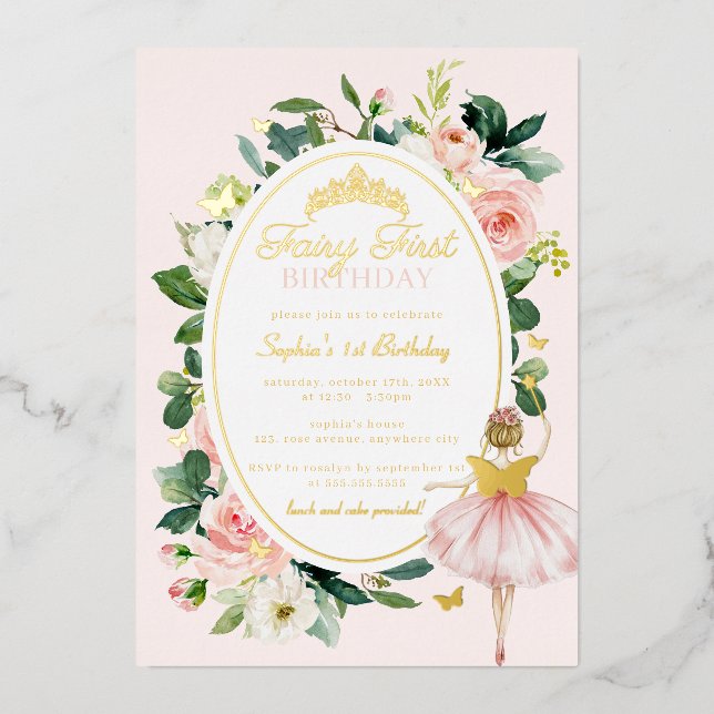 Pink Fairy First 1st Birthday Gold  Foil Invitation (Front)