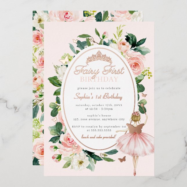 Pink Fairy First 1st Birthday Rose Gold  Foil Invitation (Front/Back)