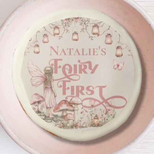 Pink Fairy First Birthday Party Personalized  Sugar Cookie