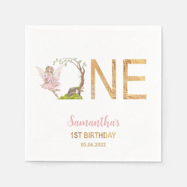 Pink Fairy Floral Forest 1st Birthday Napkins (Front)