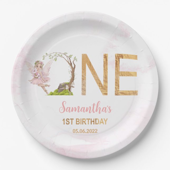 Pink Fairy Floral Forest 1st Birthday Paper Plates (Front)