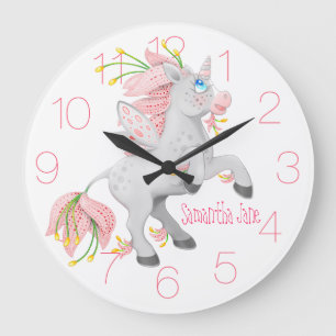 Pink Fairy Flower Unicorn Nursery Whimsical Large Clock