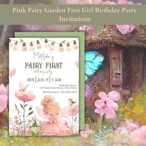 Pink Fairy Garden First Girl Birthday Party  Invitation