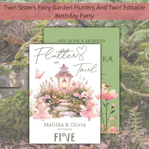 Pink Fairy Garden Twins Sisters Birthday Party  Invitation