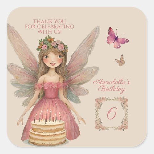 Pink Fairy Girls Birthday Thank You Square Sticker