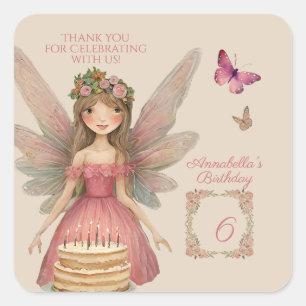 Pink Fairy Girls Birthday Thank You Square Sticker