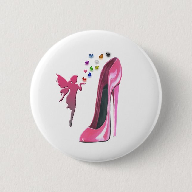 Pink Fairy Hearts and Stiletto Shoe Art Pinback Button (Front)