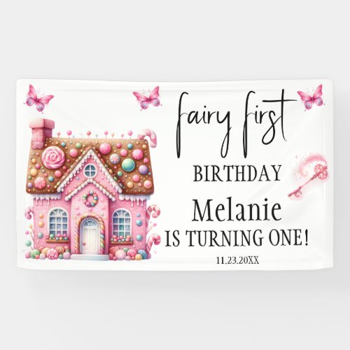 Pink Fairy House Butterflies First Birthday  Banner
